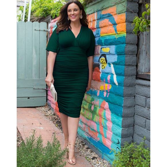 Kiyonna Women Dress 4X Rumor Ruched Sexy Bodycon V Neck Green Flutter Sleeves - Picture 5 of 15